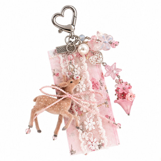 Pouchvera® Deer Charm Keychain – Pink Lace Floral Bag & Key Accessory