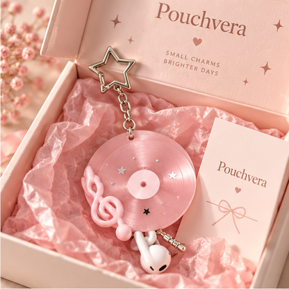 Pouchvera® Pink Record Keychain – Music Note Charm Bag & Key Accessory