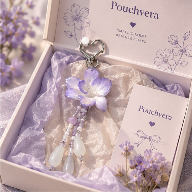 Pouchvera® Purple Floral Keychain – Elegant Beaded Flower Bag Charm