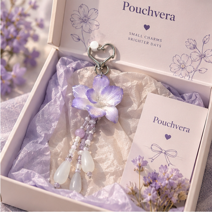 Pouchvera® Purple Floral Keychain – Elegant Beaded Flower Bag Charm