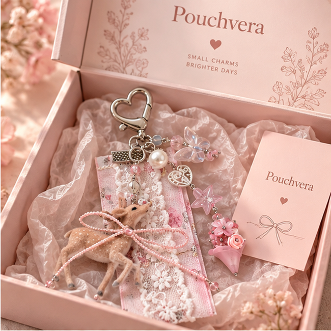 Pouchvera® Deer Charm Keychain – Pink Lace Floral Bag & Key Accessory