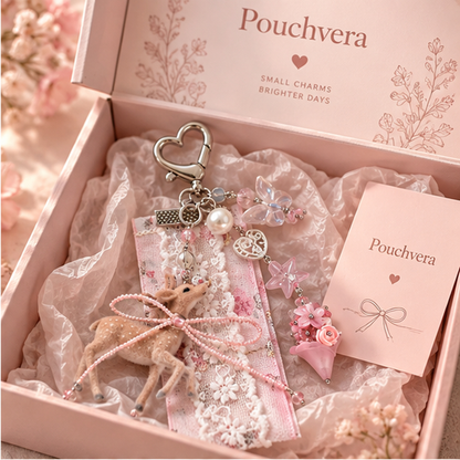 Pouchvera® Deer Charm Keychain – Pink Lace Floral Bag & Key Accessory