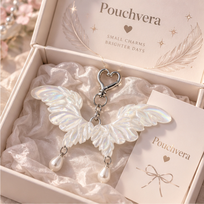 Pouchvera® Angel Wing Keychain – Iridescent Pearl Charm Bag & Key Accessory