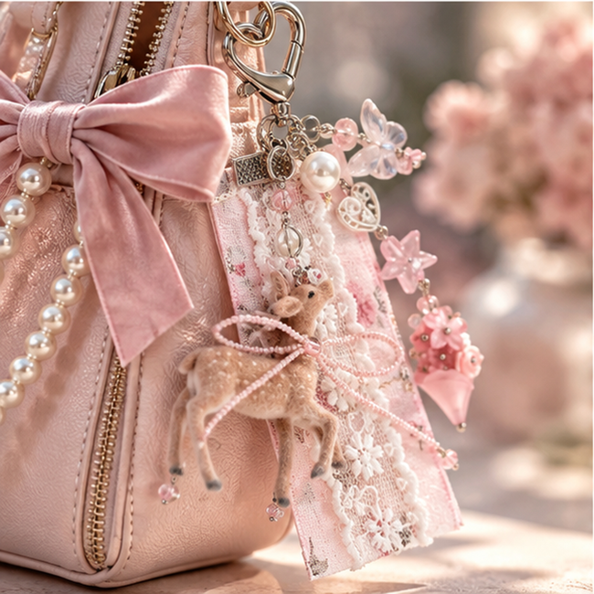 Pouchvera® Deer Charm Keychain – Pink Lace Floral Bag & Key Accessory