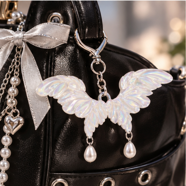 Pouchvera® Angel Wing Keychain – Iridescent Pearl Charm Bag & Key Accessory
