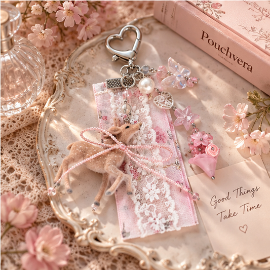 Pouchvera® Deer Charm Keychain – Pink Lace Floral Bag & Key Accessory