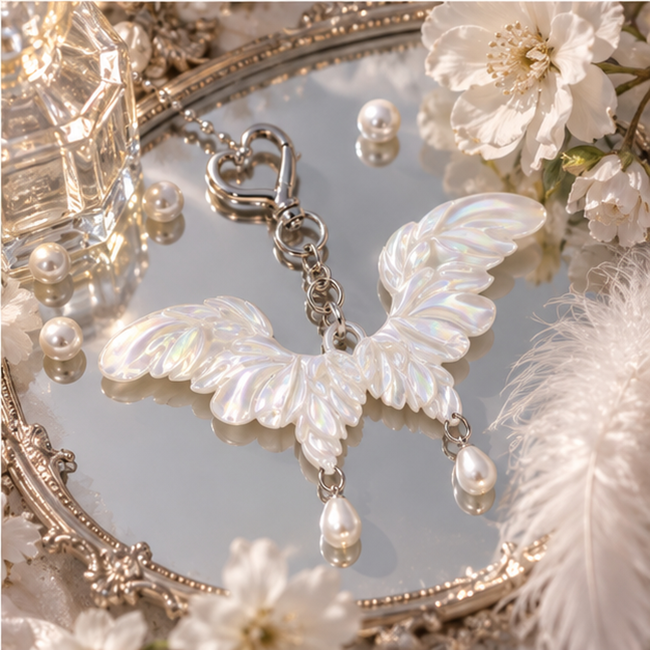 Pouchvera® Angel Wing Keychain – Iridescent Pearl Charm Bag & Key Accessory