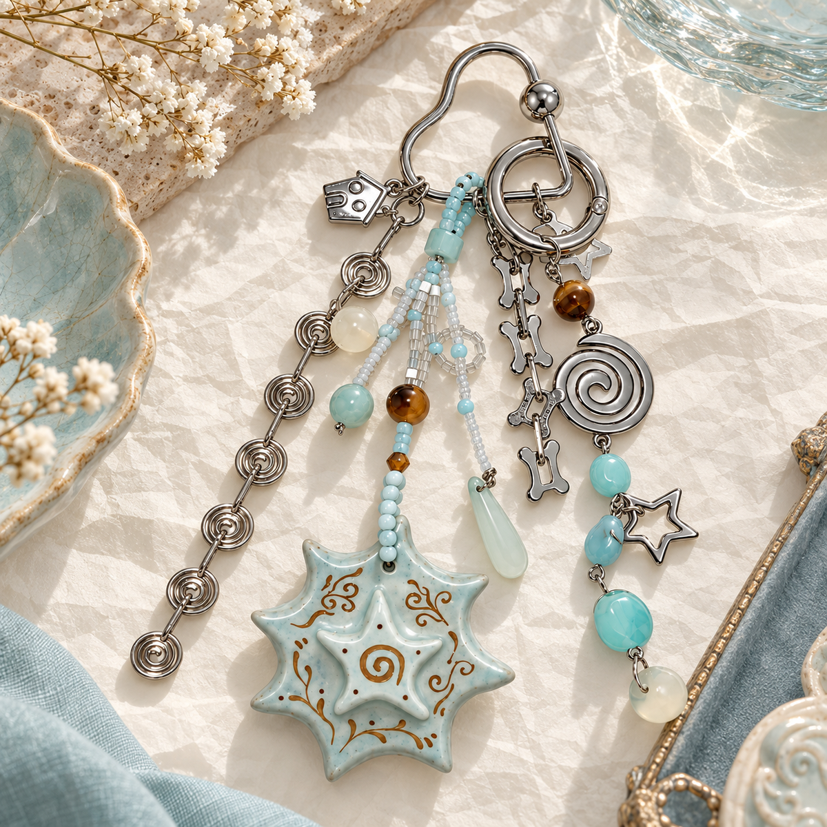 Pouchvera® Boho Charm Keychain – Beaded Star Pendant Bag & Key Accessory