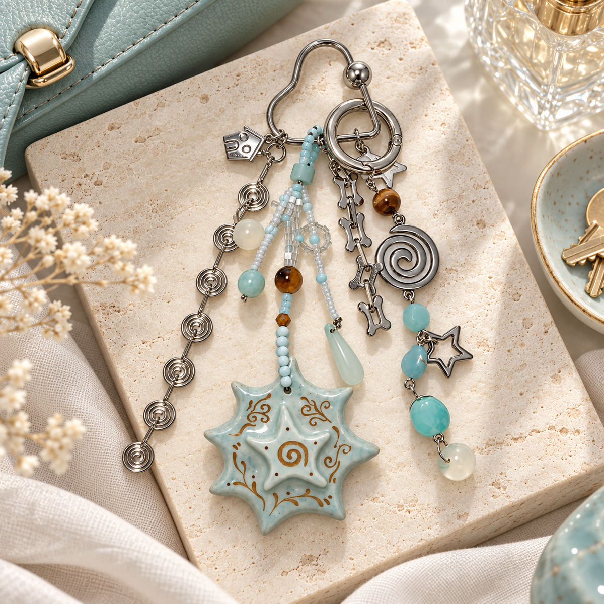 Pouchvera® Boho Charm Keychain – Beaded Star Pendant Bag & Key Accessory