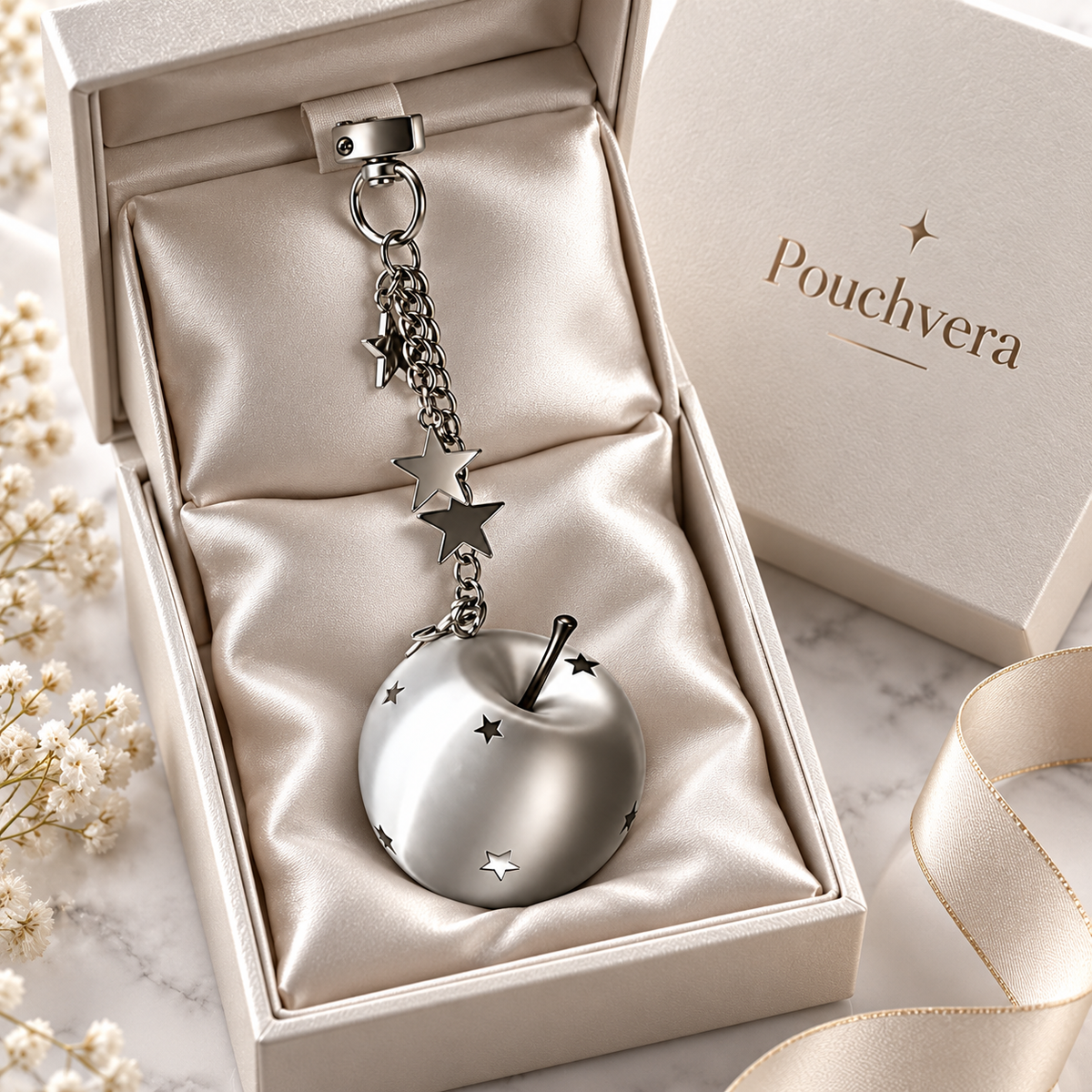 Pouchvera® Silver Apple Keychain – Star Charm Metal Bag & Key Accessory
