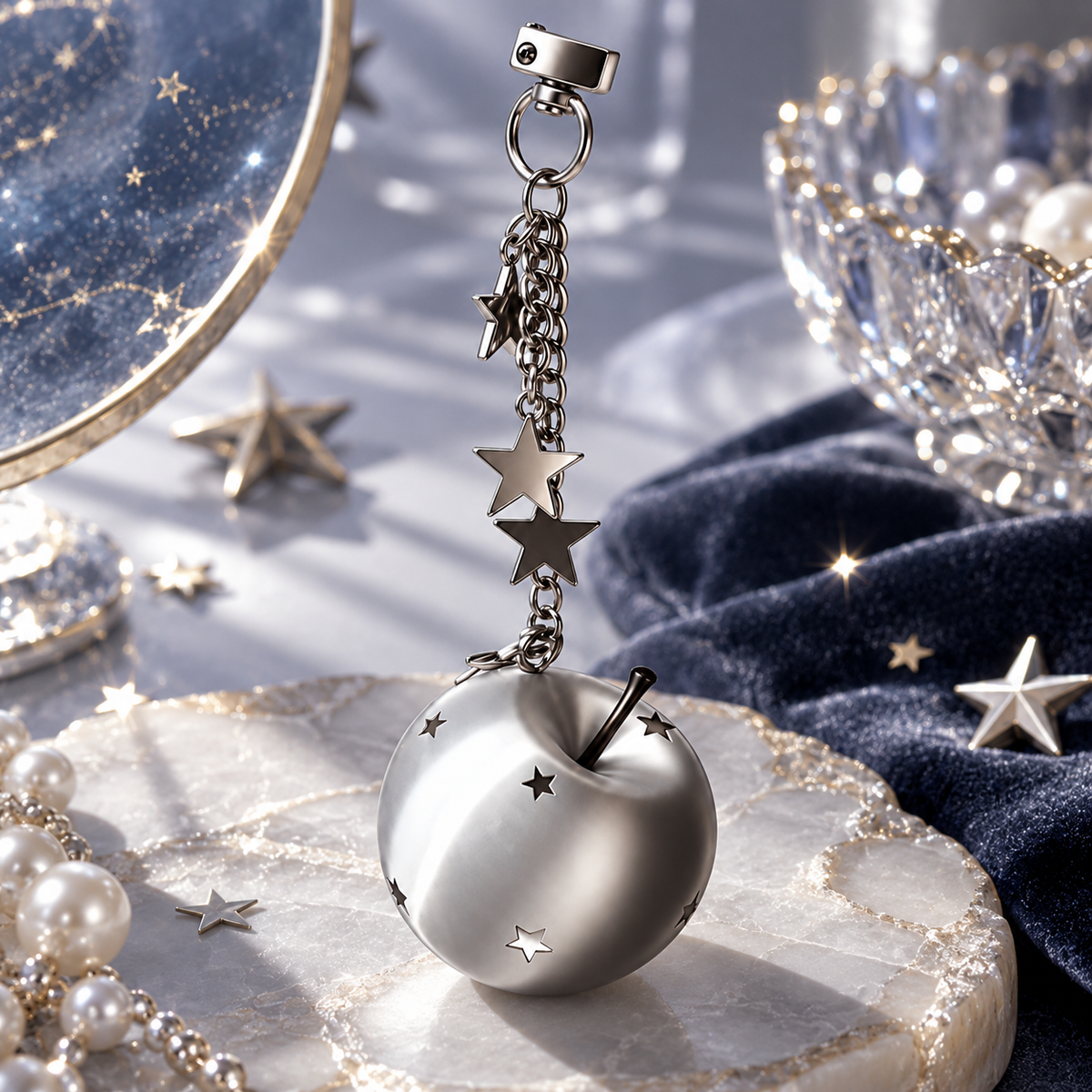 Pouchvera® Silver Apple Keychain – Star Charm Metal Bag & Key Accessory