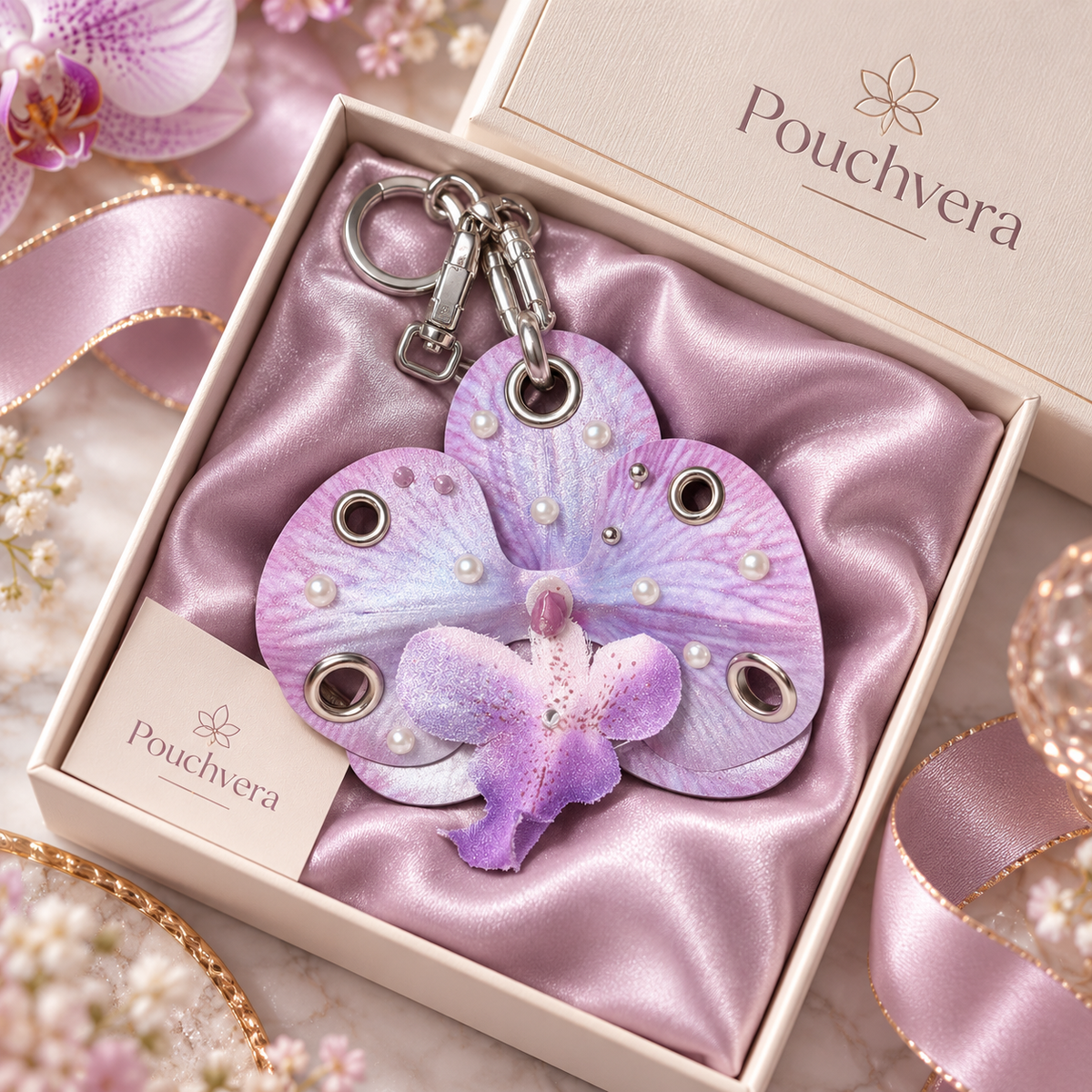 Pouchvera® Purple Orchid Keychain – Pearl Floral Bag & Key Charm