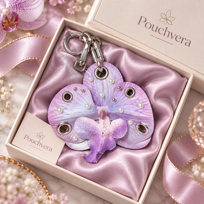 Pouchvera® Purple Orchid Keychain – Pearl Floral Bag & Key Charm