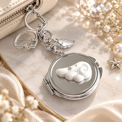 Pouchvera® Angel Wing Keychain – Silver Round Charm Bag & Key Accessory